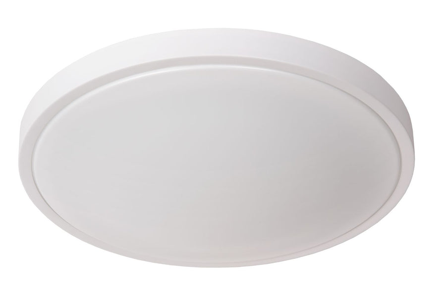 Plafonnier rond blanc éteint, face inférieure et contour visibles.