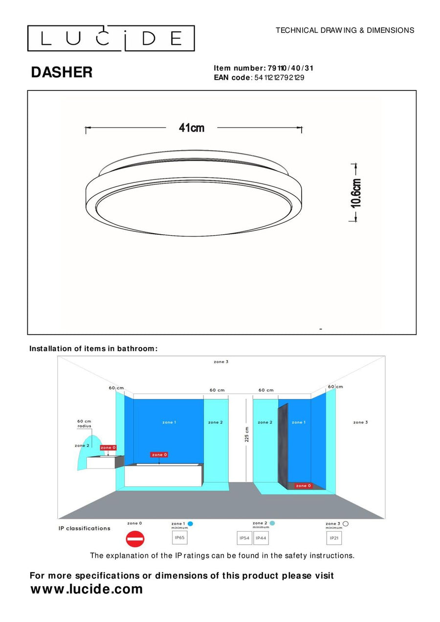 Schéma technique coté du plafonnier, diamètre 41 cm et zones salle de bain.