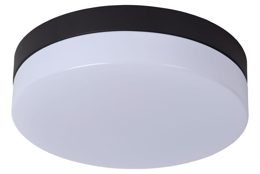 Plafonnier rond à cerclage noir et diffuseur opale blanc, lumière éteinte.