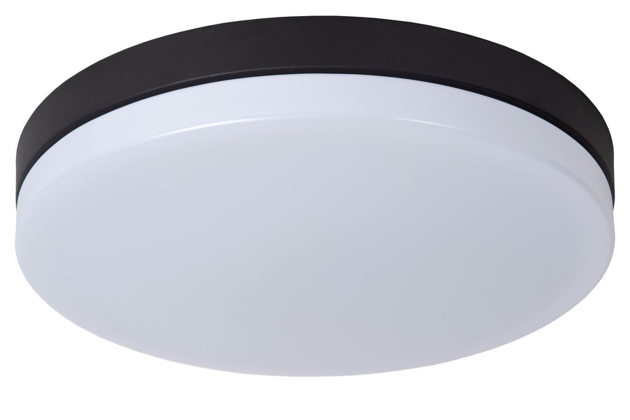 Plafonnier rond au diffuseur blanc et cerclage noir, fond blanc