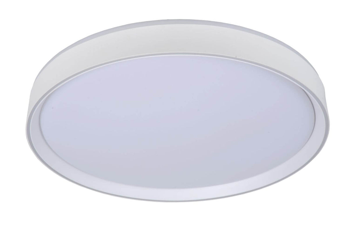 Plafonnier rond éteint sur fond blanc, diffuseur blanc et anneau gris clair