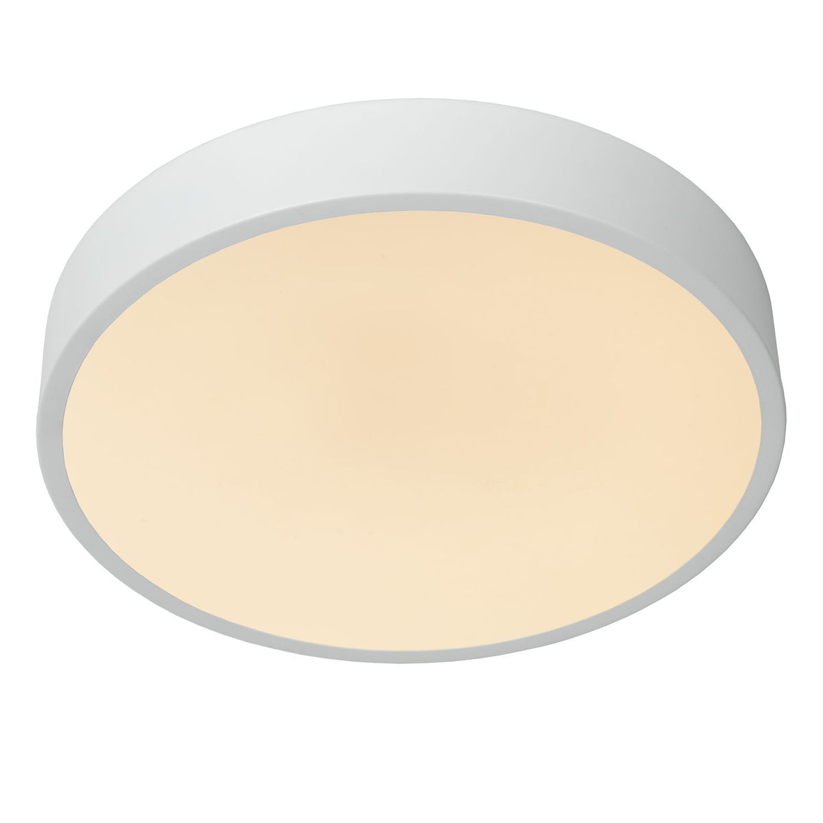 Produit vu de dessous, plafonnier rond blanc allumé sur fond neutre