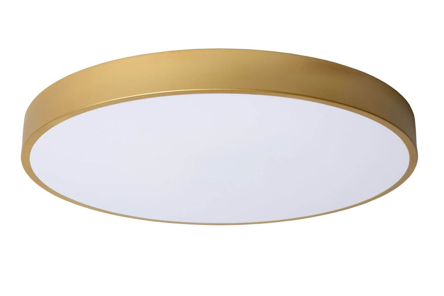 Plafonnier doré mat avec diffuseur opale blanc, vue en perspective.