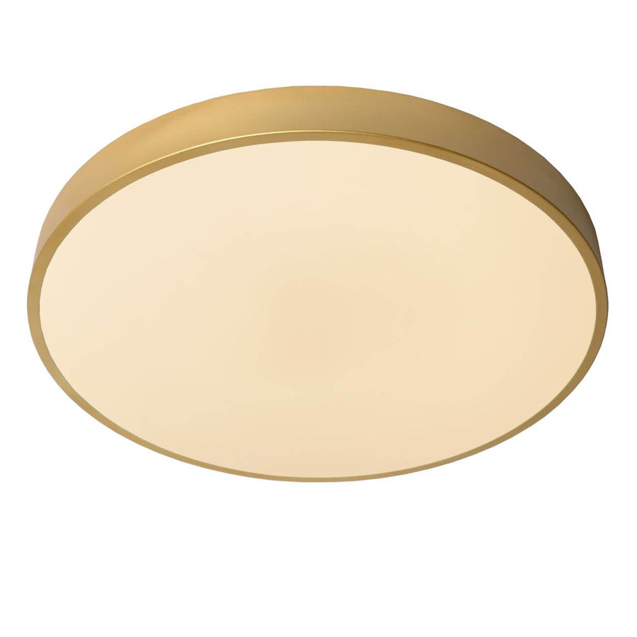 Plafonnier rond doré mat vu de dessous, diffuseur opale uniforme.