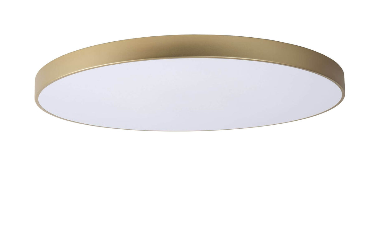 Plafonnier éteint, diffuseur blanc laiteux et bandeau doré satiné