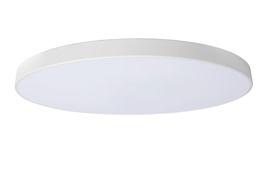 Plafonnier éteint vu de trois quarts, diffuseur blanc opaque et lisse
