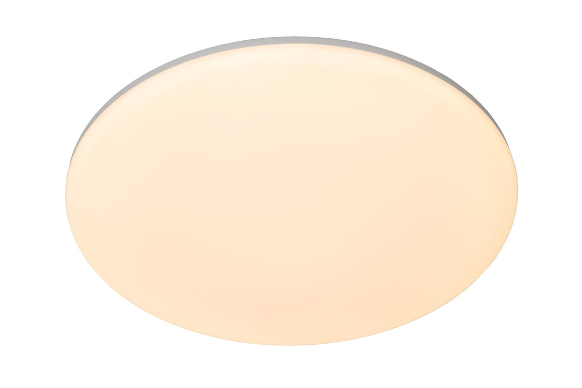 Autre prise de vue frontale du luminaire allumé, verre opale régulier et homogène