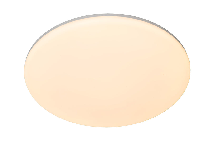 Autre prise de vue frontale du luminaire allumé, verre opale régulier et homogène