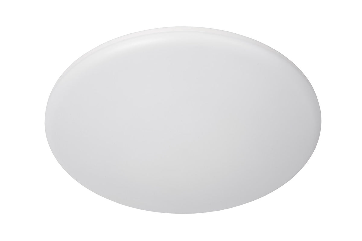 Plafonnier éteint vu de face, diffuseur opale blanc uniforme sans lumière