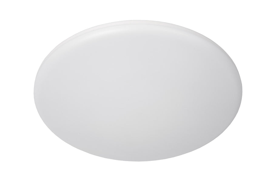 Plafonnier éteint vu de face, diffuseur opale blanc uniforme sans lumière