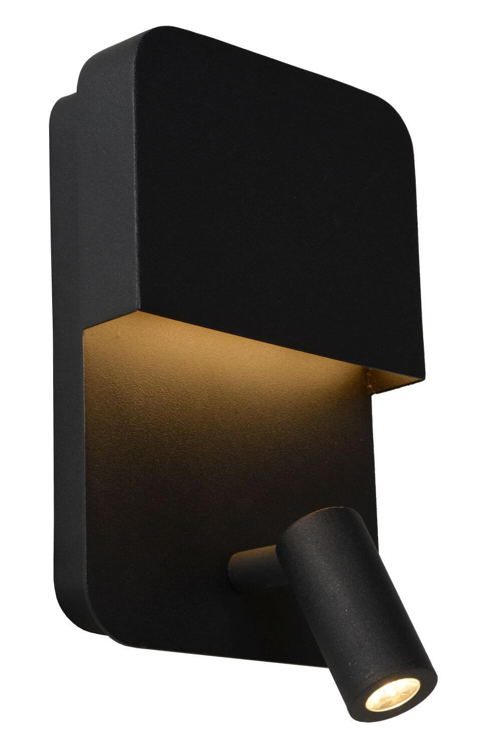 Vue de trois quarts du luminaire noir avec projecteur orientable et éclairage indirect