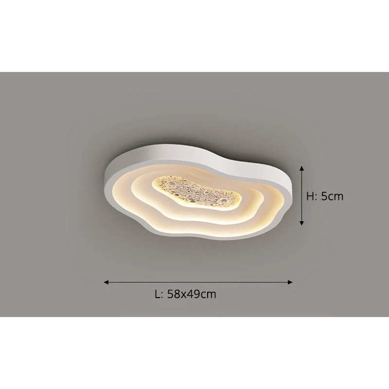 Schéma de dimensions du plafonnier ondulé indiquant 58 par 49 cm et 5 cm de hauteur.