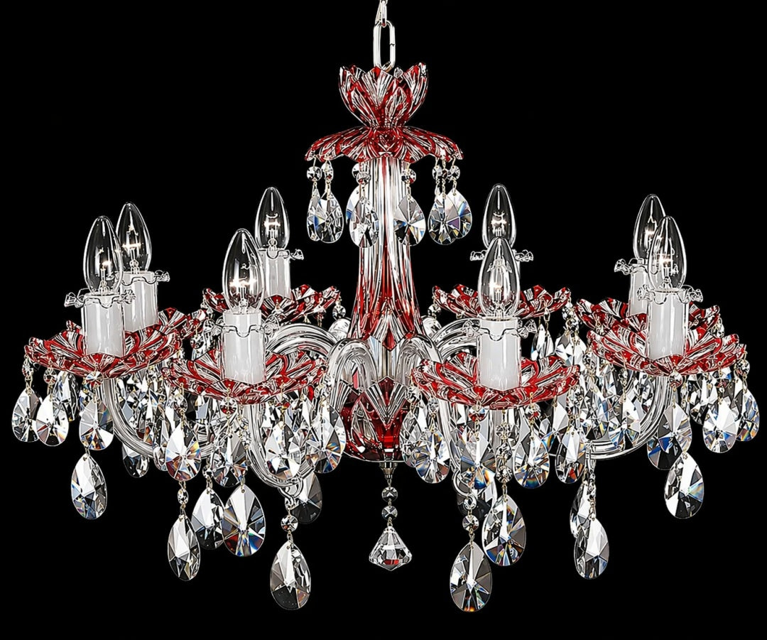 Lustre en cristal à huit bras, gouttes pendantes et monture teintée de rouge