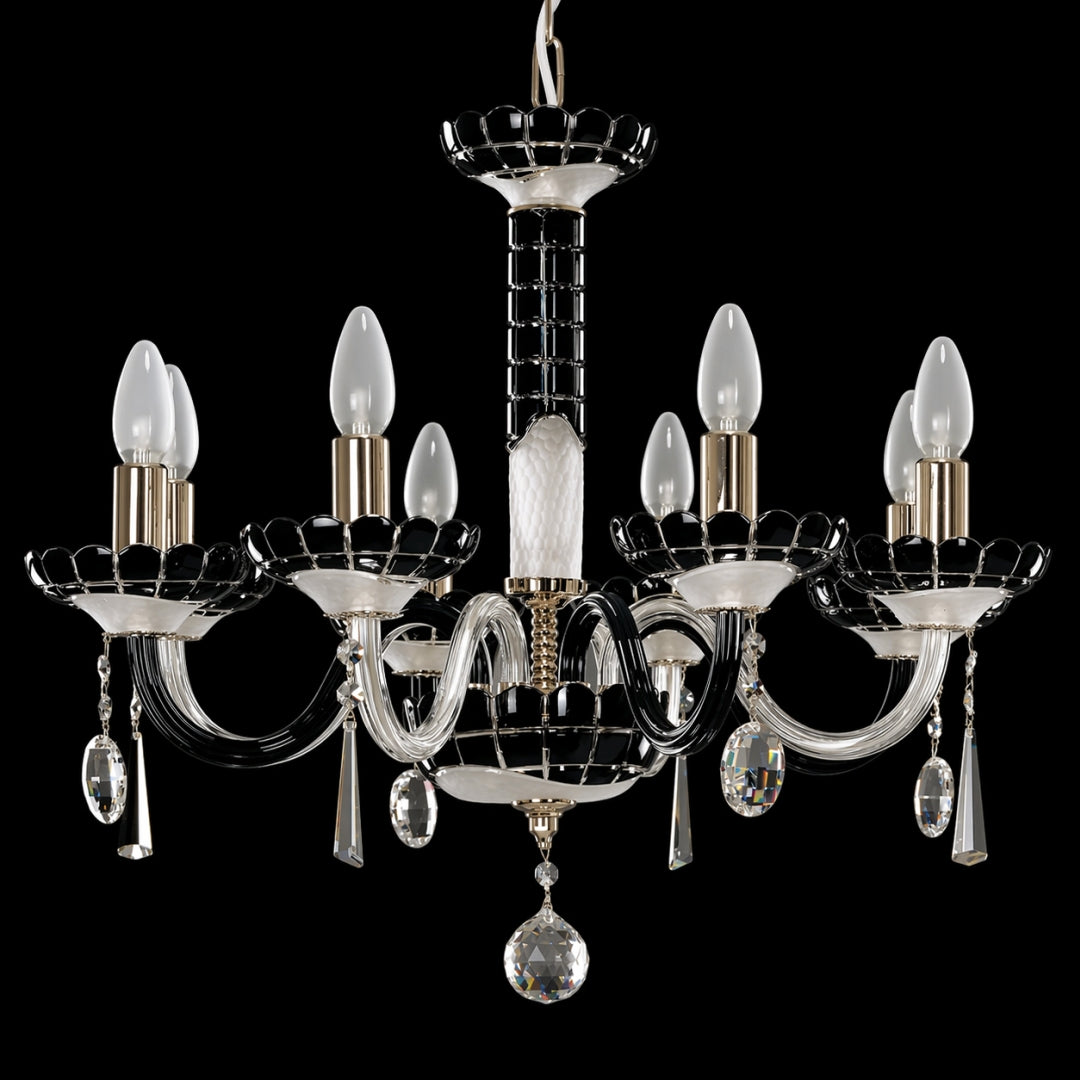 Lustre en verre à bras courbes, bobeches noires festonnées et pampilles cristal, fond noir