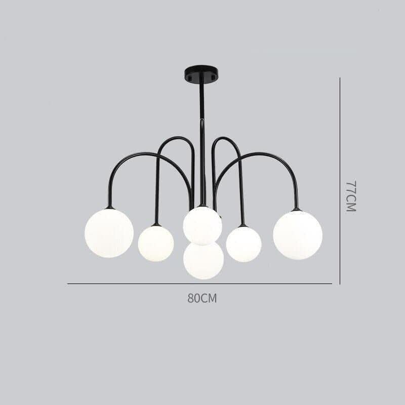 Schéma de dimensions du lustre noir : hauteur 77 cm, largeur 80 cm, six globes.