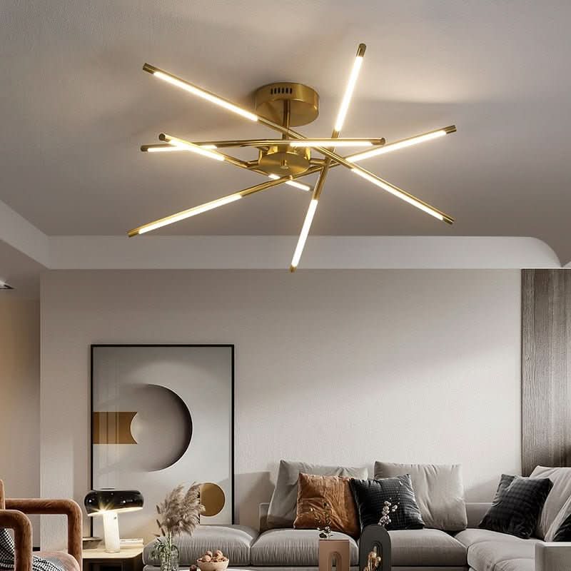 Vue de face du luminaire étoilé fixé au plafond d'un salon gris