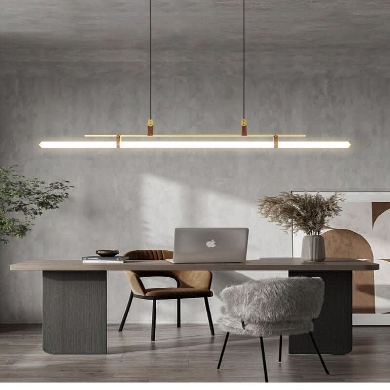 Vue d'ensemble dans un bureau, double câble et longue barre lumineuse horizontale