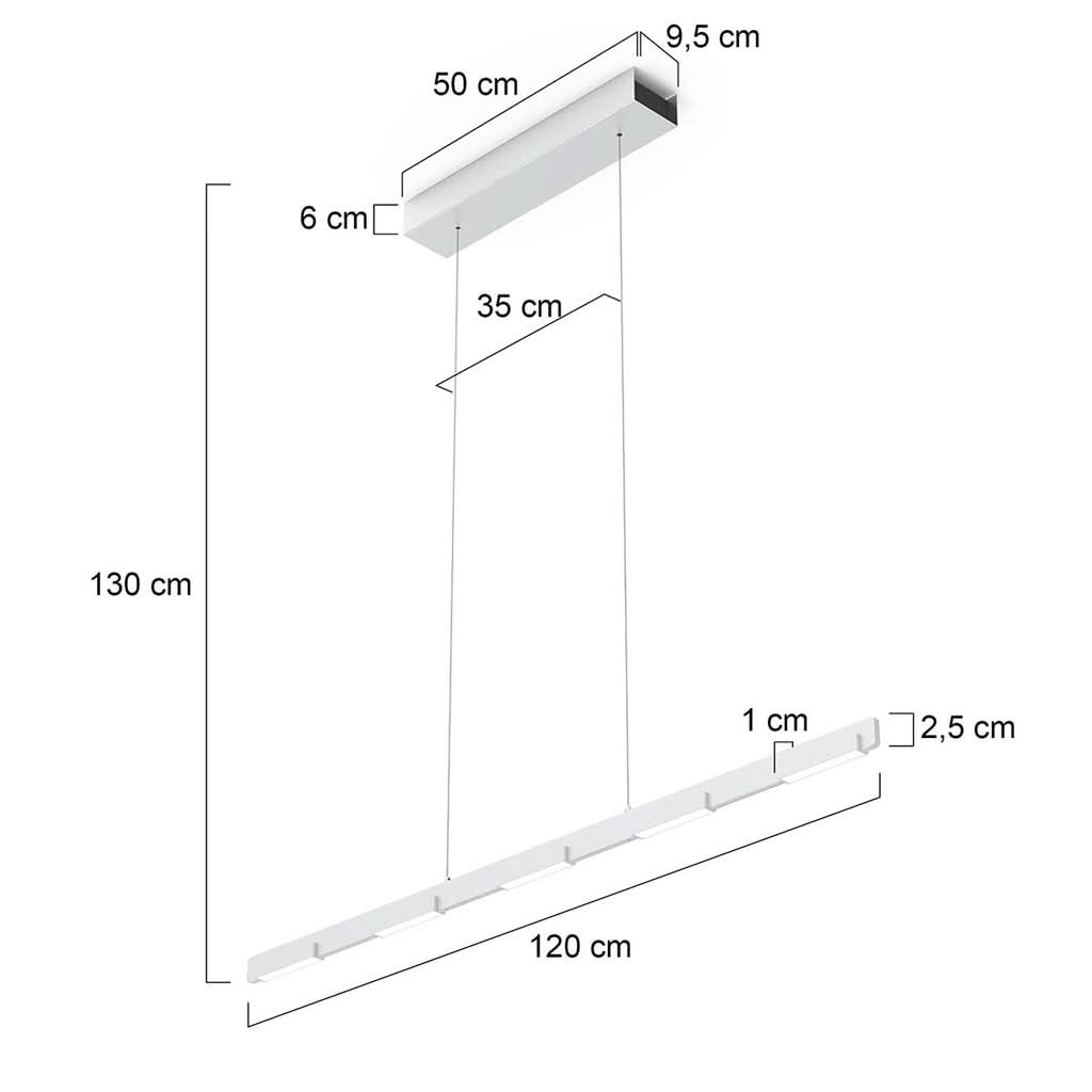 Schéma coté du luminaire indiquant hauteur, largeur et profondeur