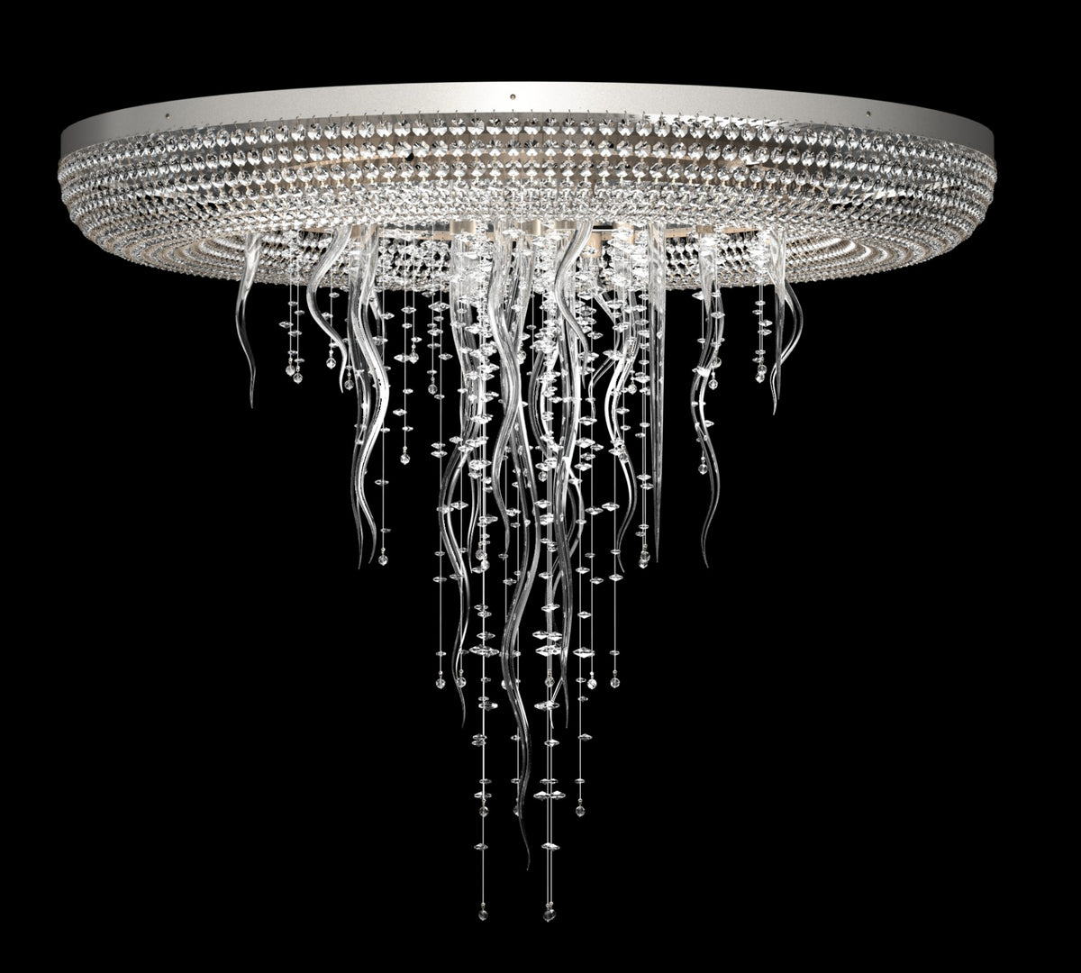 Plafonnier rond vu de face, suspensions cristal et tiges ondulées tombant en cascade sur fond noir