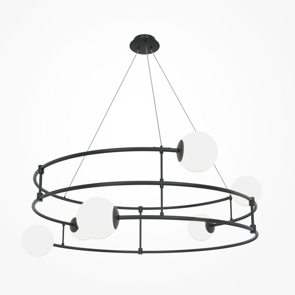 Vue d'ensemble du luminaire noir suspendu, deux anneaux et globes opalins