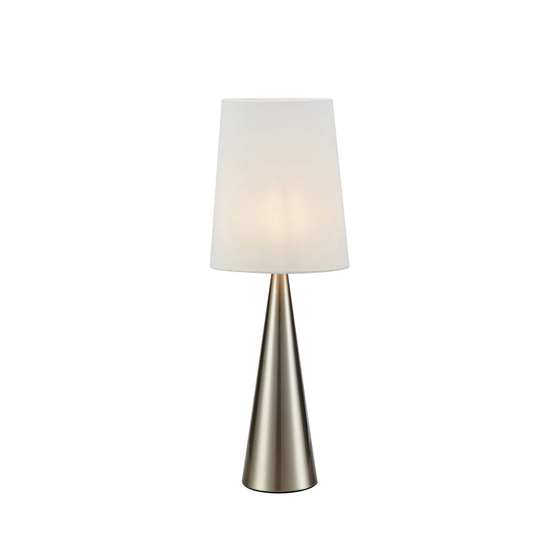 Lampe à poser Conus en nickel satiné et blanc cassé, abat-jour en lin