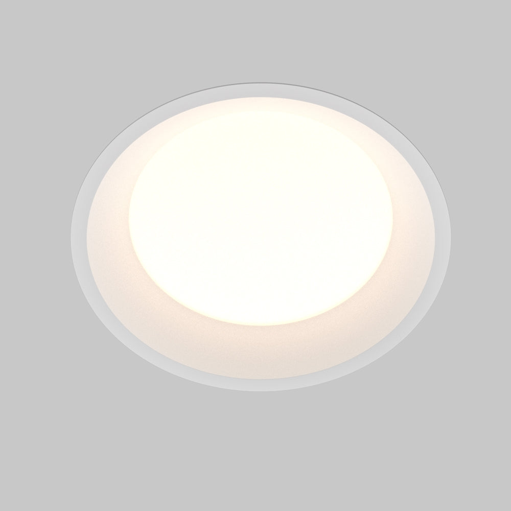 Spot encastré rond blanc, vue de face, diffuseur lumineux allumé