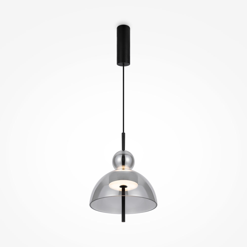 Suspension noire vue de face avec diffuseur en verre fumé et tige centrale
