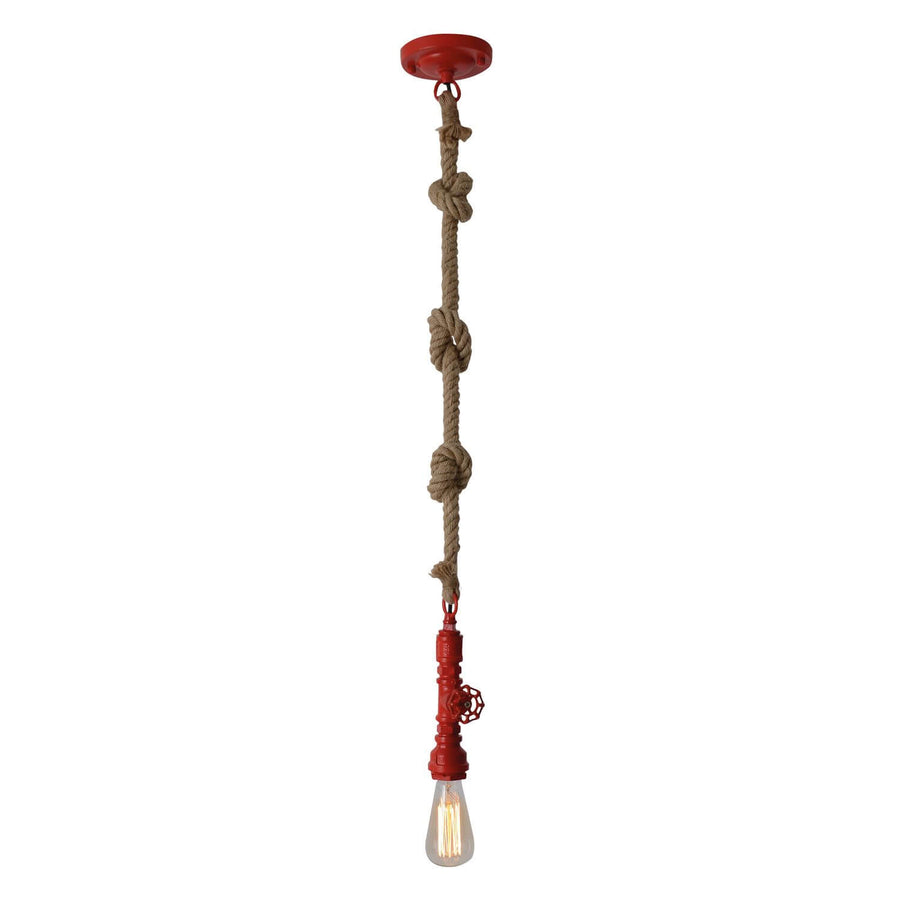 Suspension rouge avec corde à nœuds et douille valve, ampoule Edison allumée, vue de face.