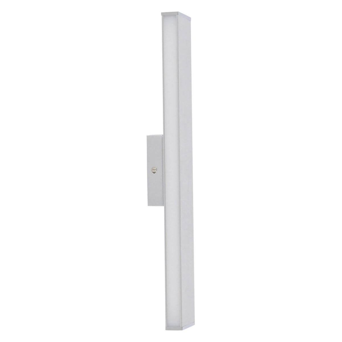Applique murale chromée verticale vue de face, diffuseur blanc et fixation centrale