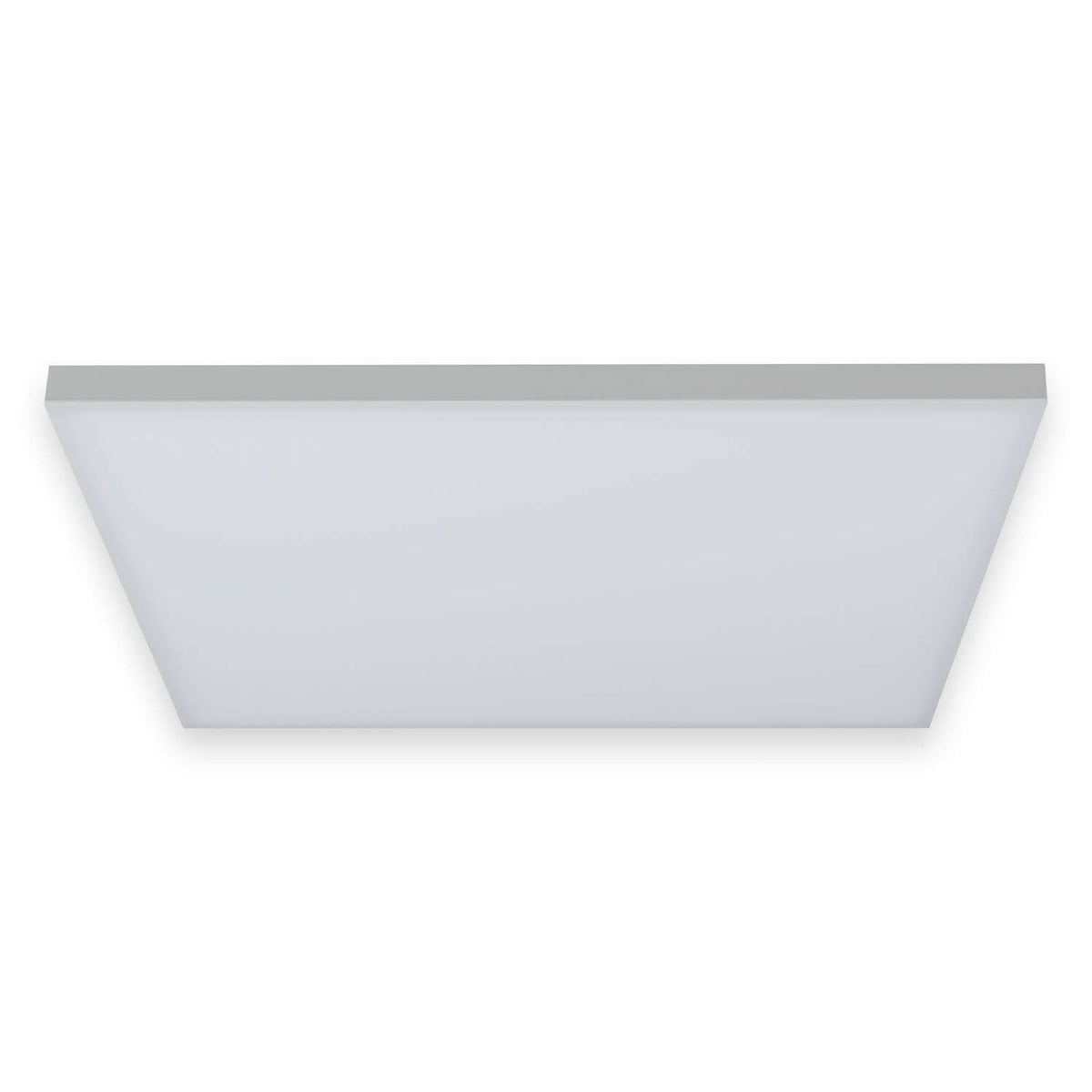 Vue de face du plafonnier blanc rectangulaire, diffuseur opalin et bordure fine sur fond blanc
