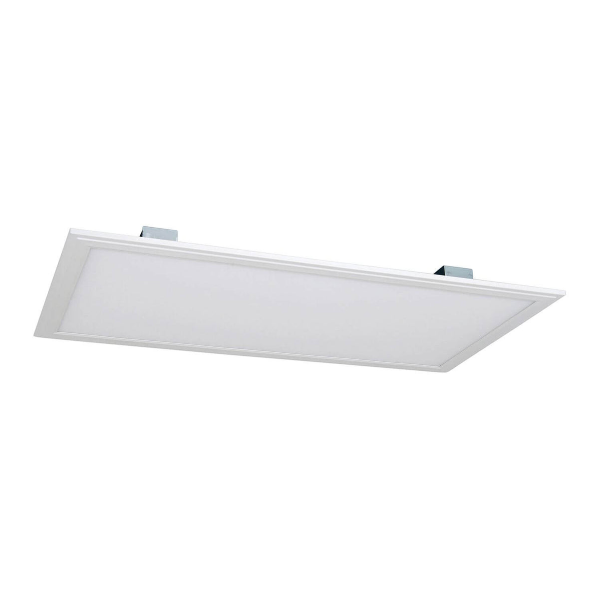 Luminaire LED rectangulaire blanc présenté de trois quarts, cadre fin et clips de fixation visibles.