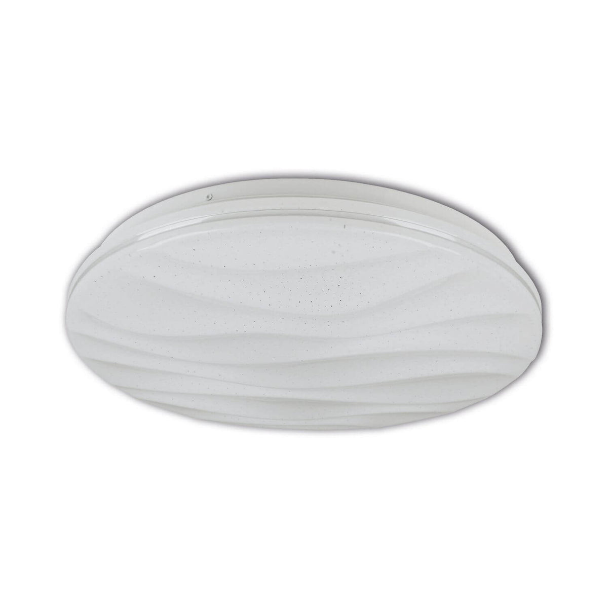 Plafonnier blanc ovale vu de face, diffuseur ondulé à paillettes sur fond clair