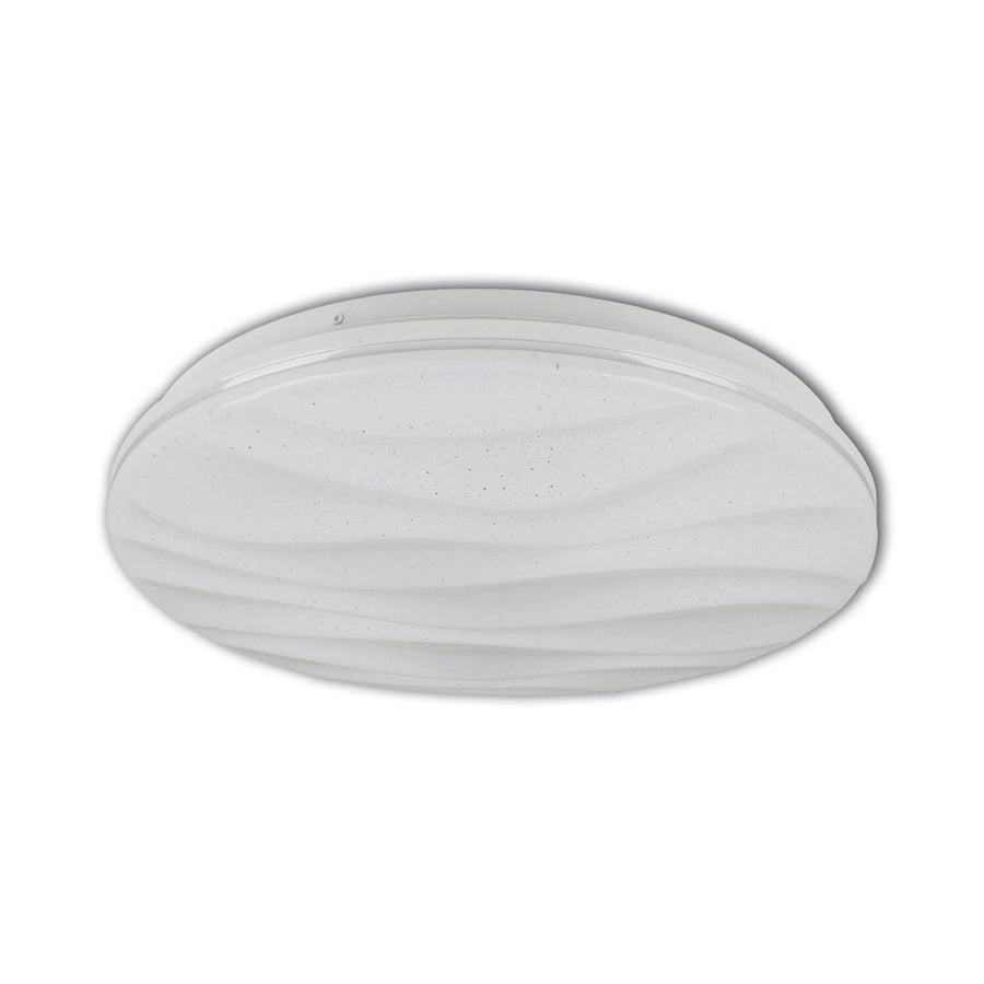 Plafonnier blanc ovale vu de face, diffuseur ondulé à paillettes sur fond clair