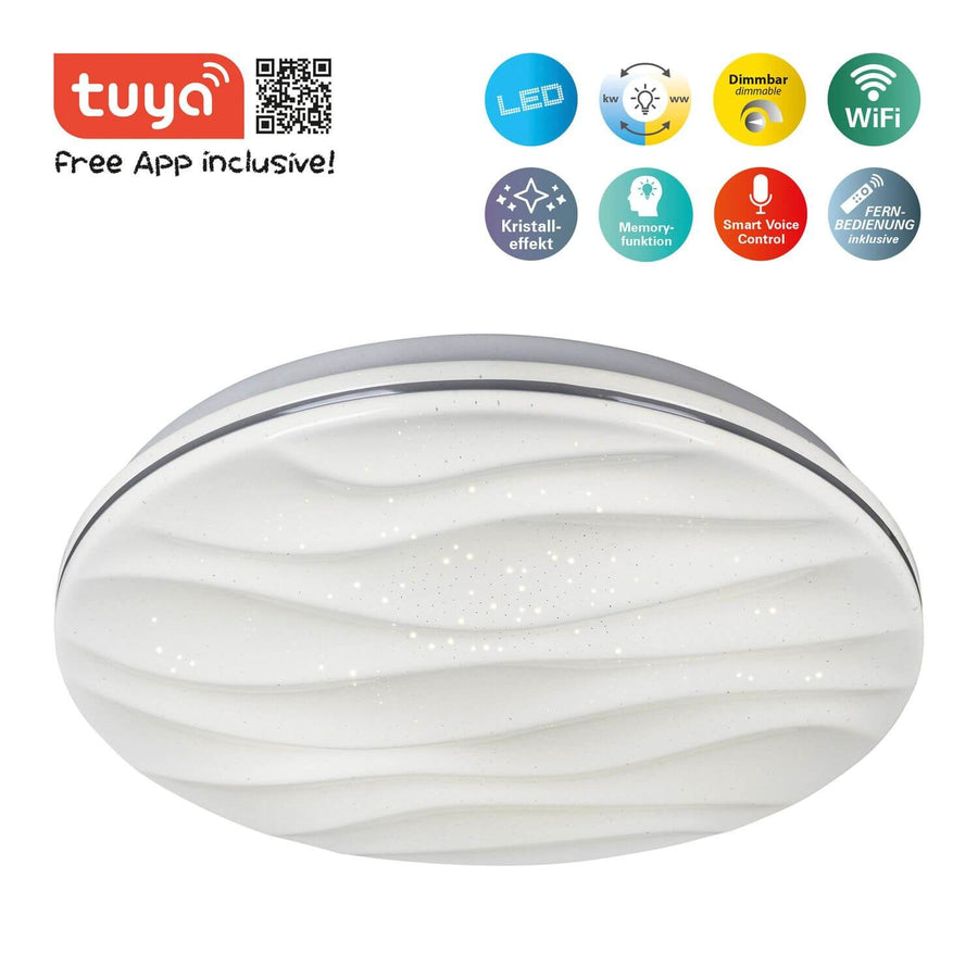 Visuel produit avec logo Tuya, QR code et pictogrammes LED, WiFi, variateur et effet cristal