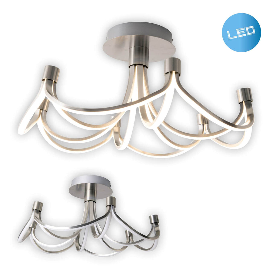 Plafonnier allumé avec logo LED et vue réduite du même luminaire éteint.
