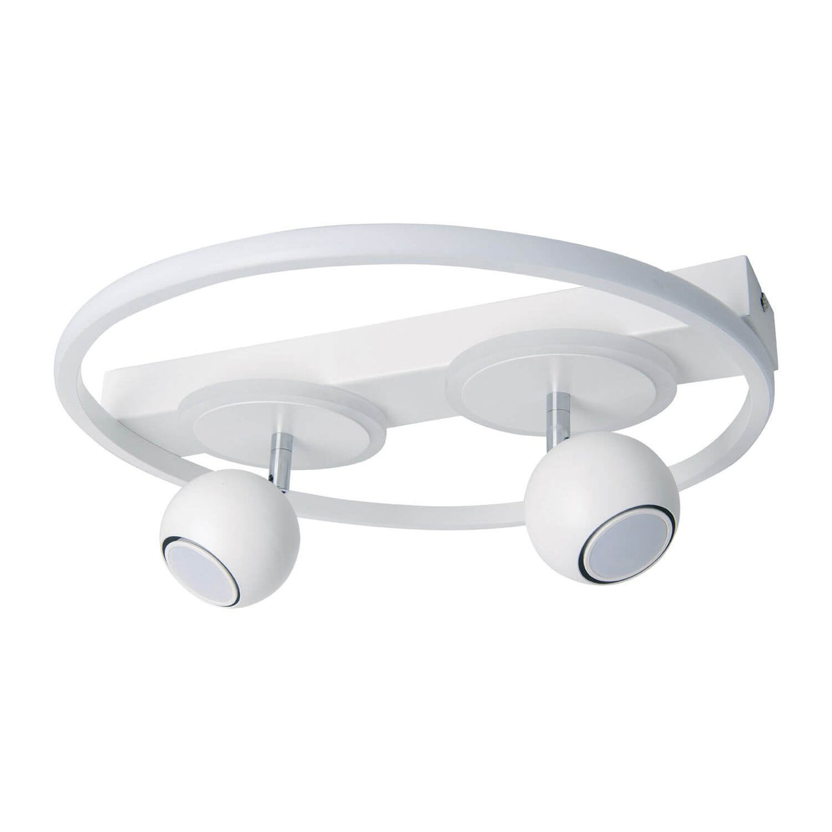 Plafonnier blanc vu de trois quarts, anneau fin et deux spots sphériques orientables.