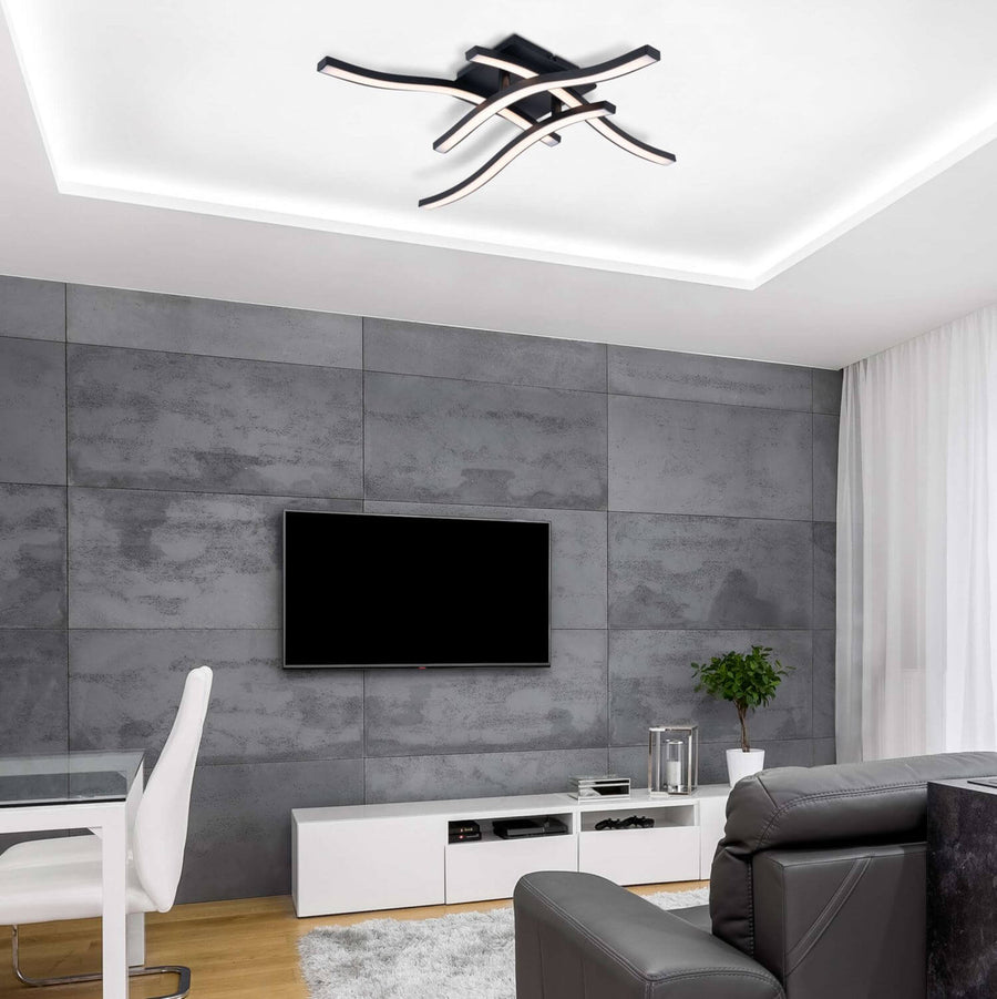 Plafonnier installé au plafond dans un salon moderne, mur gris et télévision