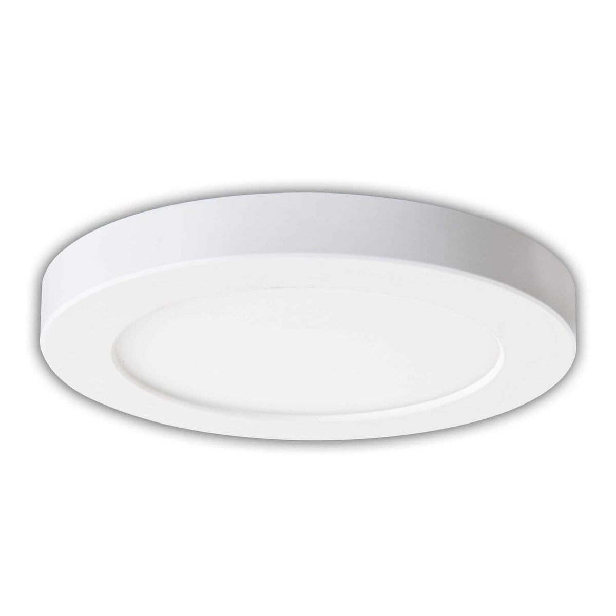 Plafonnier rond blanc vu de face, diffuseur central et anneau lumineux périphérique