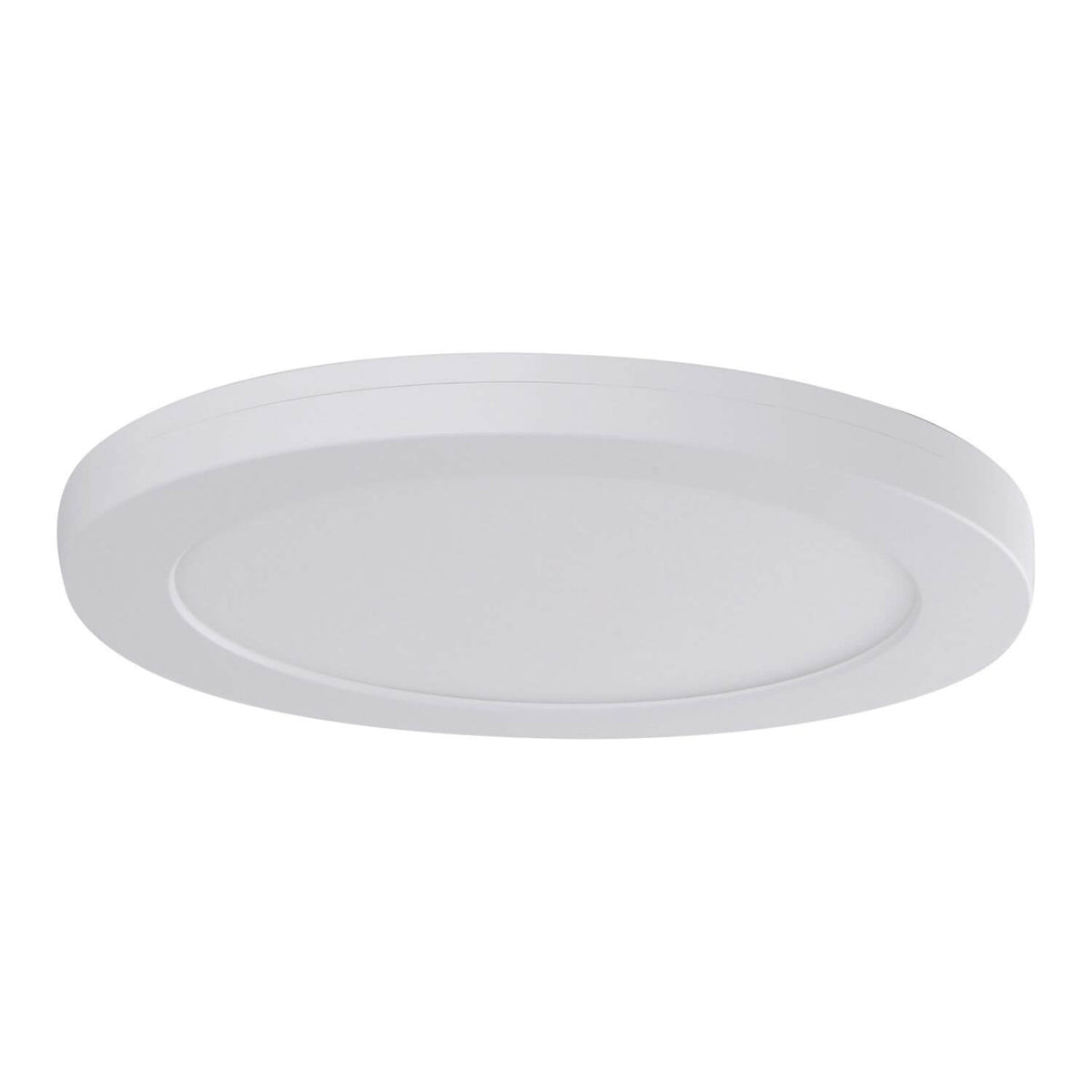 Plafonnier LED rond blanc vu de dessous, diffuseur uniforme sur fond blanc.