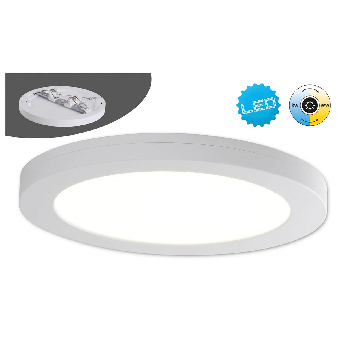 Vue de dessous avec logo LED, variateur de température et détail du support arrière.