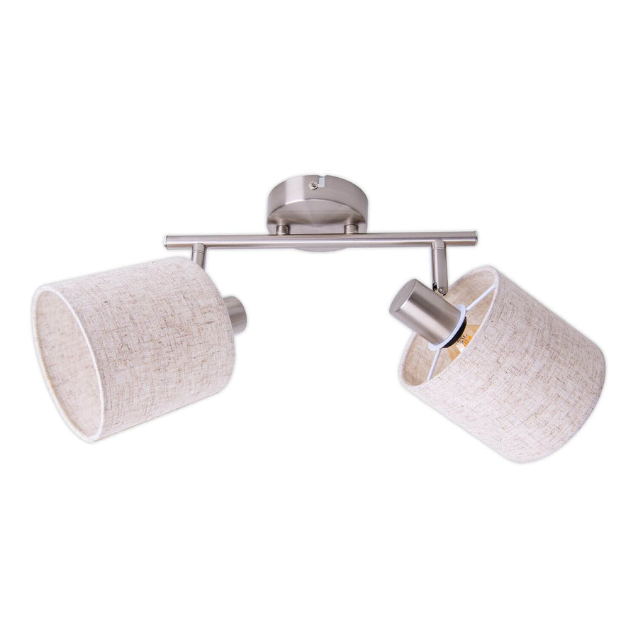 Vue de face sur fond blanc d'un plafonnier deux spots orientables en métal et tissu beige.