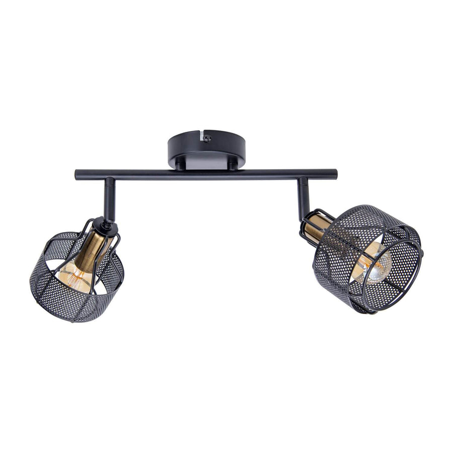 Vue de face du plafonnier noir à deux spots orientables avec cages en métal.