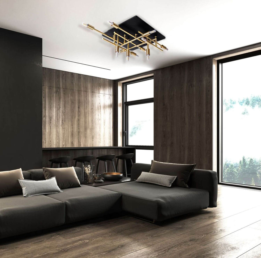 Luminaire installé au plafond dans un séjour contemporain avec canapé et boiseries