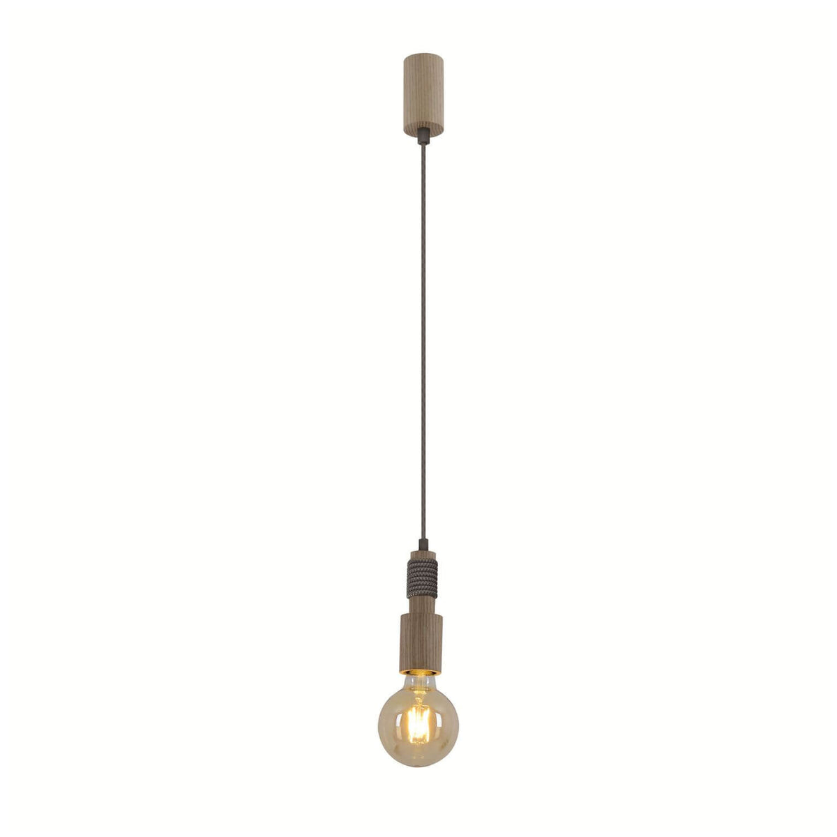 Suspension en bois clair avec douille cylindrique et ampoule en verre, fond blanc neutre