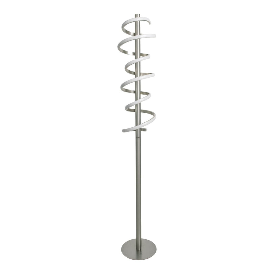 Lampadaire entier de face, fût vertical et spirale lumineuse sur fond blanc