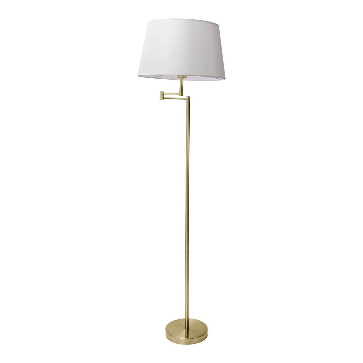Lampadaire en laiton doré à abat-jour blanc et bras articulé, fond blanc