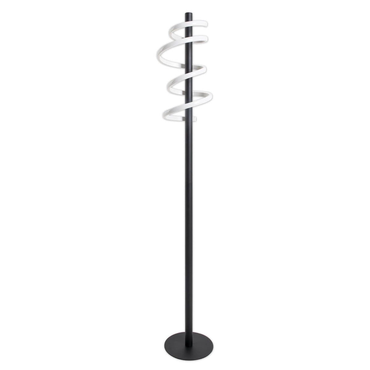 Lampadaire noir sur fond blanc, tige fine et spirale lumineuse blanche