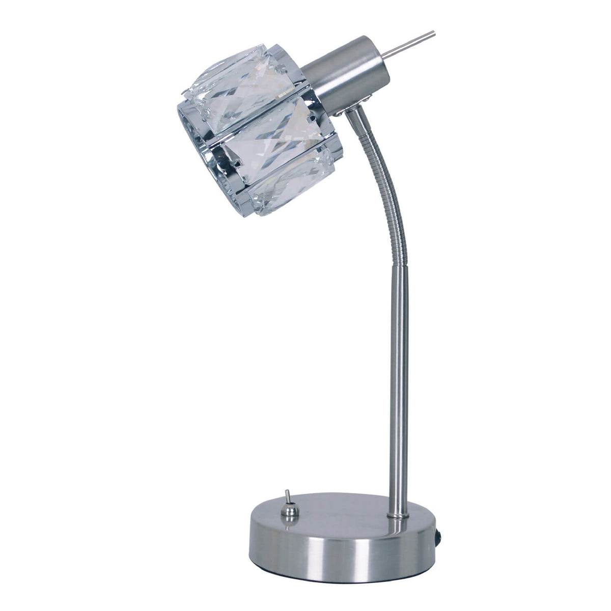 Lampe à poser chromée avec abat-jour cylindrique en verre facetté et bras flexible.