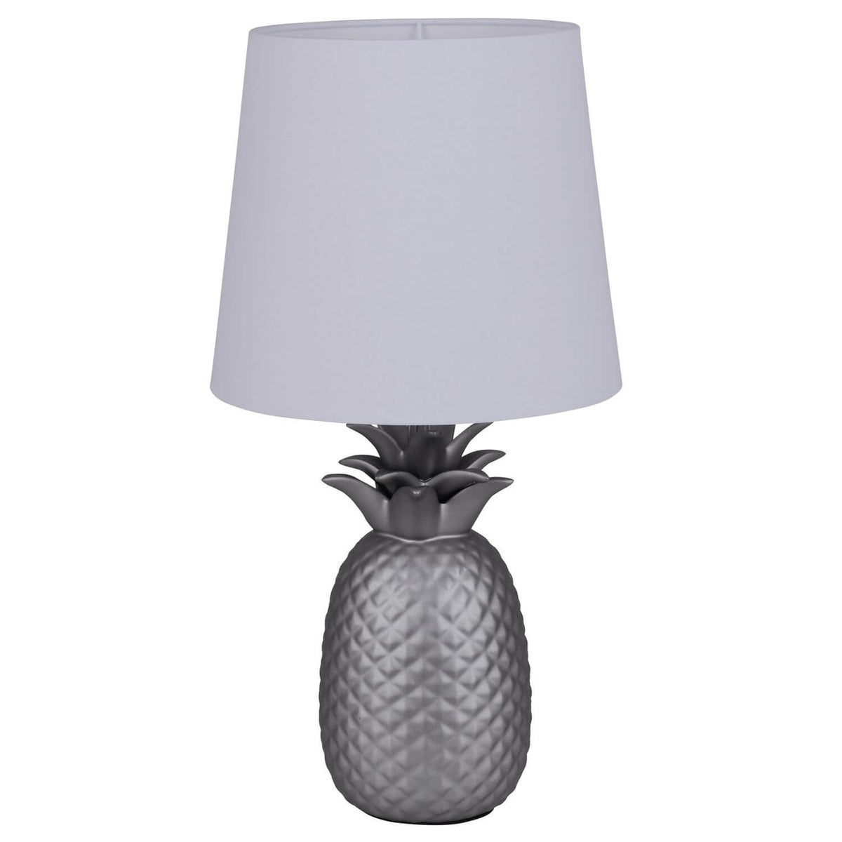 Lampe à poser en forme d'ananas argenté avec abat-jour conique en tissu blanc