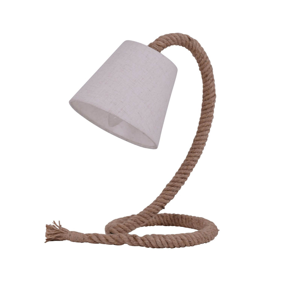 Lampe à poser de trois quarts, cordage courbé et abat-jour en tissu clair